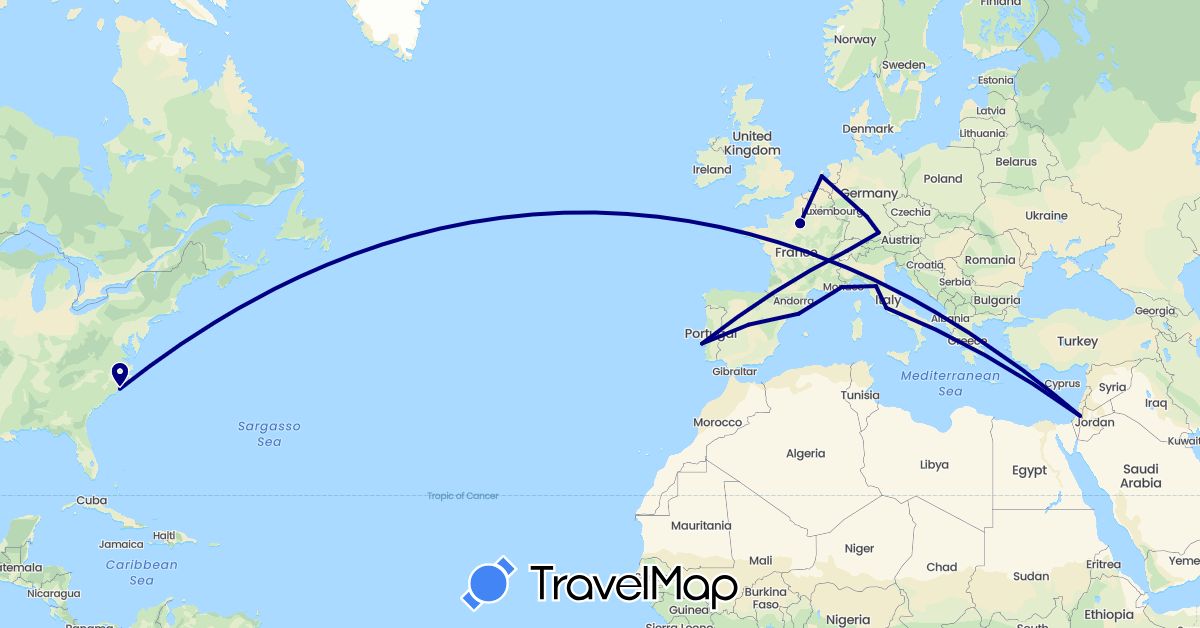 TravelMap itinerary: driving in Switzerland, Germany, Spain, France, Israel, Italy, Netherlands, Portugal, United States (Asia, Europe, North America)